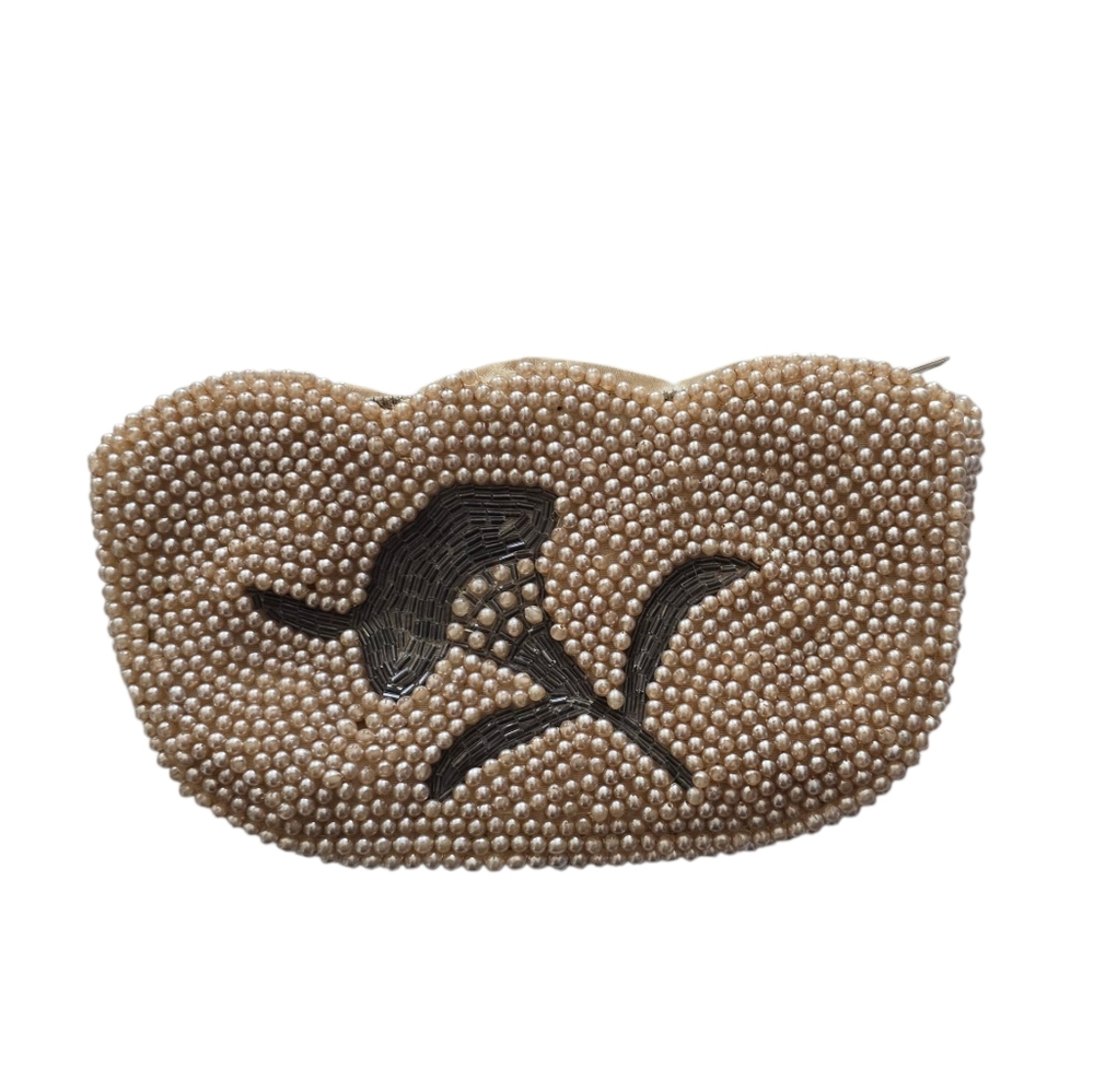 VINTAGE 'Miranda' Faux Pearl Beaded Purse Clutch Handbag Made In Japan Zip Top